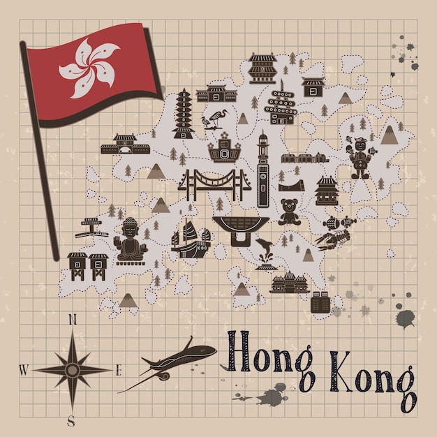 Atractivo mapa conceptual de viajes de hong kong en papel de nota