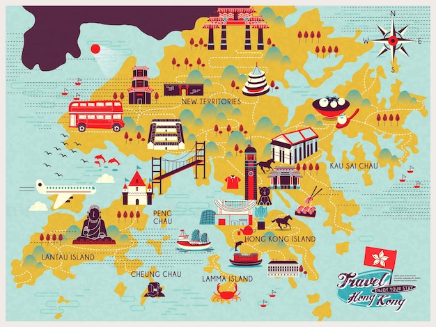 Atractivo mapa de viajes de hong kong con iconos de atracciones en diseño plano