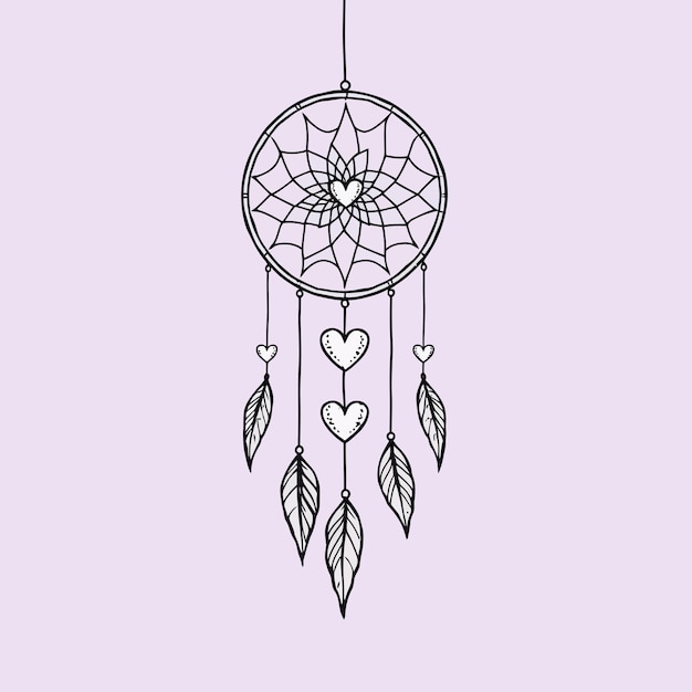 Atrapador de sueños dibujado a mano con corazón y plumas