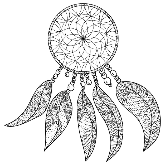 Atrapasueños para colorear página adornado talismán con cuentas y plumas estampadas