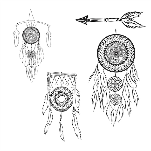 Atrapasueños étnico boho con plumas símbolo indio americano en la ilustración de vector de estilo boceto