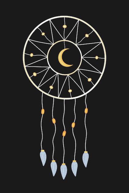 Atrapasueños de fideos con luna aislada. ilustración esotérica mágica dibujada a mano vectorial