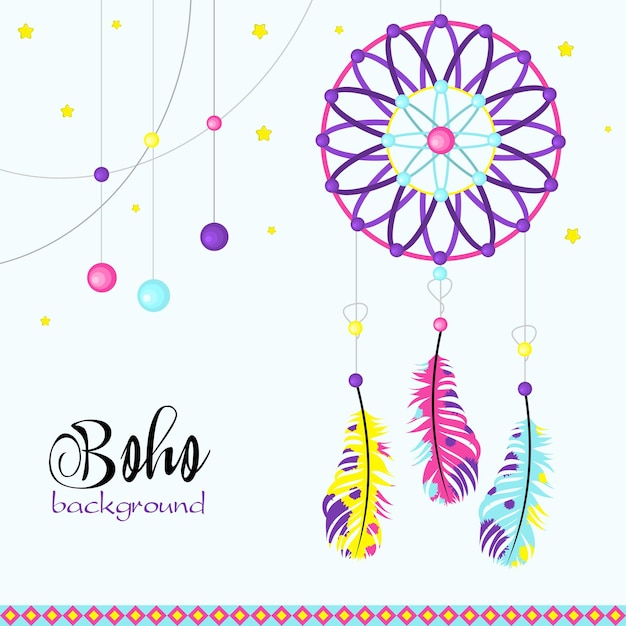 Atrapasueños con plumas en estilo boho. ilustración vectorial.