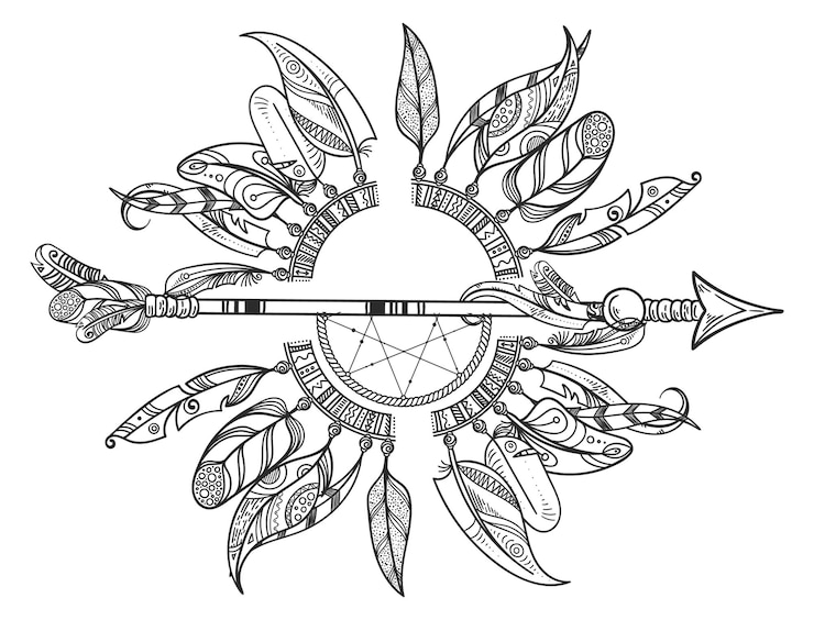 Vector atrapasueños tribal con flecha india marco redondo de plumas