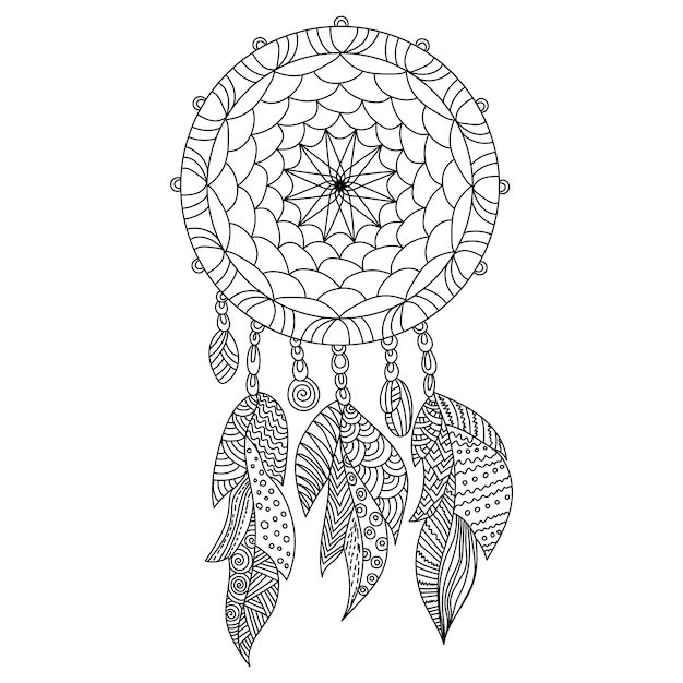 Atrapasueños zen para colorear página hilos entrelazados en marco plumas ligeras con patrones meditativos