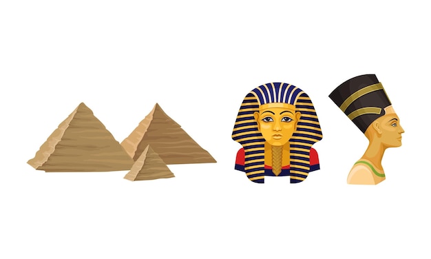 Atributo de Egipto con cabeza de nefertiti y conjunto de vectores de pirámide