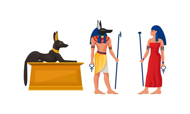 Atributo de Egipto con la deidad anubis y el conjunto vectorial de casos de momias