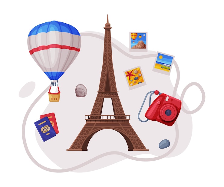 Vector atributo de viajes y turismo con la torre eiffel como punto de referencia de la ciudad y composición vectorial de la cámara