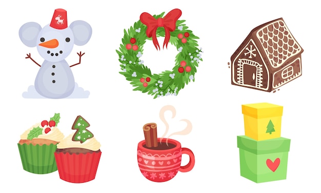 Atributos de año nuevo con corona decorativa y conjunto vectorial de casa de pan de jengibre