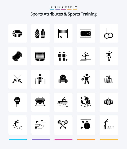 Vector atributos deportivos creativos y entrenamiento deportivo 25 glyph solid black icon pack como el juego de bolsillo atlético juego de billar