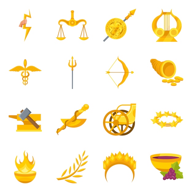 Atributos de diseño vectorial e icono griego. establecer atributos y dios