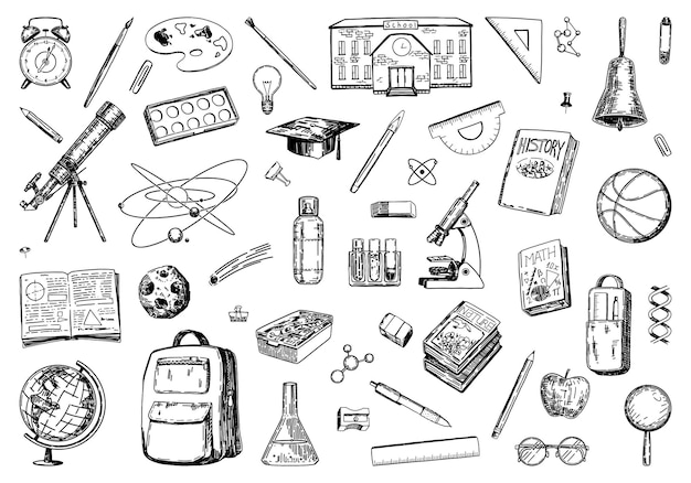Atributos de la escuela colección de bocetos libros de texto clases de laboratorio equipo papelería