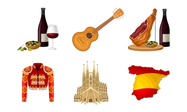 Atributos de España con chaqueta de torero y conjunto de ilustraciones vectoriales de la catedral