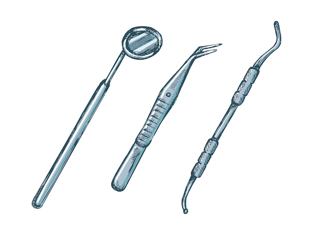 Atributos de estomatología dibujados a mano herramientas dentales profesionales conjunto de ilustraciones vectoriales vintage