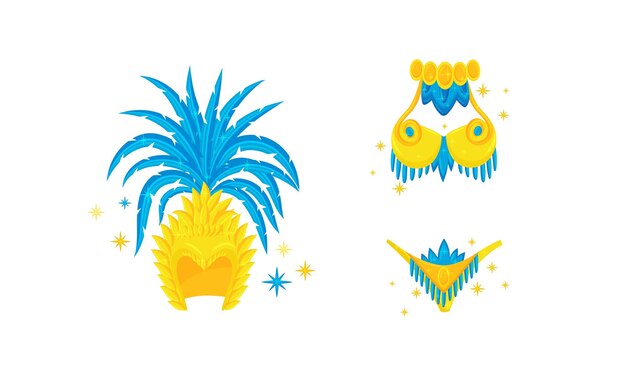 Atributos festivos del Brasil con tocado de plumas relucientes y conjunto vectorial de trajes