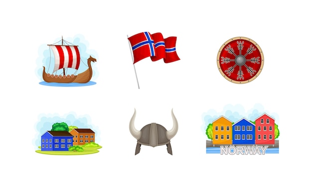 Atributos de Noruega con casas coloridas Bandera en el poste y conjunto vectorial de barcos vikingos