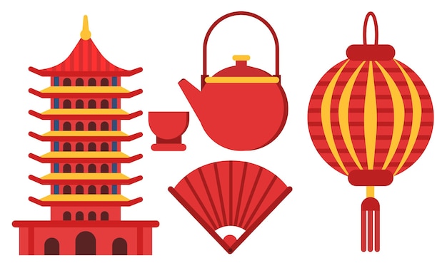 Atributos del país de China con linterna de papel y conjunto vectorial de ventilador de mano