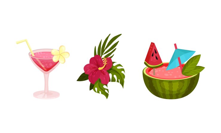 Vector atributos de la playa hawaiana y símbolos tropicales con cóctel en vidrio con conjunto de vectores de paja