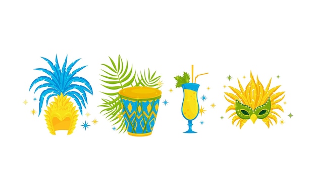 Atributos y símbolos festivos de Brasil con conjunto vectorial de cócteles y máscaras de carnaval