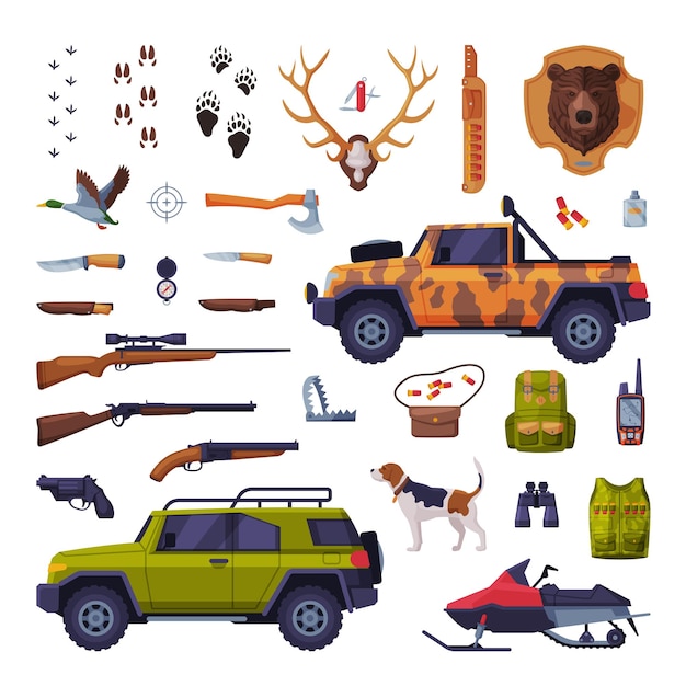Atributos de la temporada de caza Conjunto de herramientas y equipos de caza Gran colección Ilustración vectorial plana