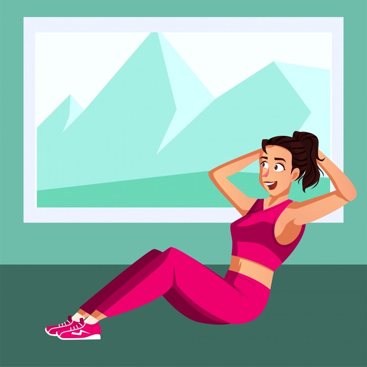 Vector attractive woman doing situp workout on her studio 