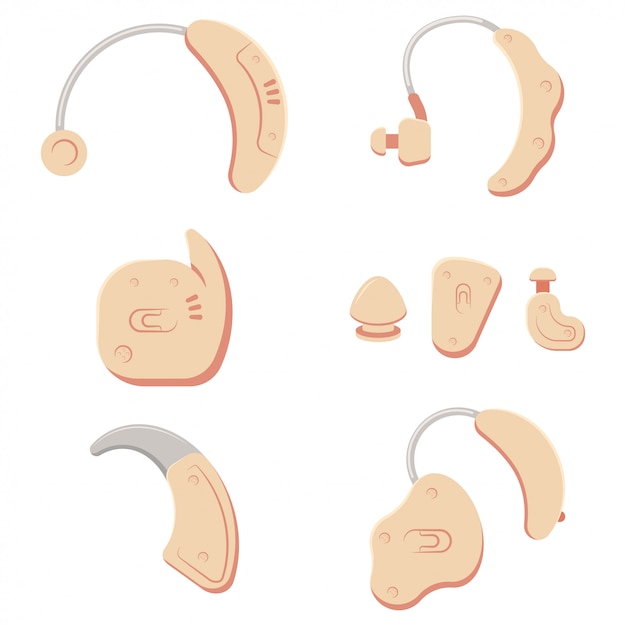 Vector audífonos de diferentes tipos. conjunto de la historieta del vector aislado en el fondo blanco.