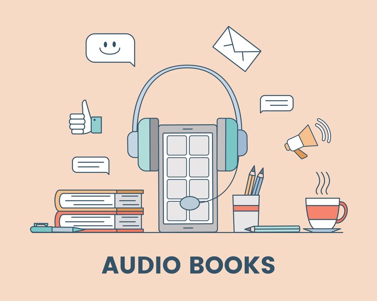 Vector audio libro de dibujos animados concepto de esquema. podcast, medios de audio o ilustración de aprendizaje electrónico.