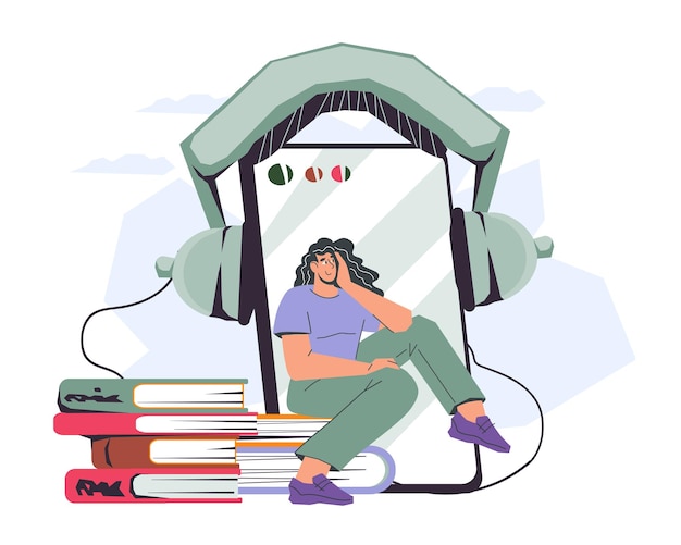 Audiolibros y música de libros electrónicos y banner de aplicación en línea elibrary vector plano aislado