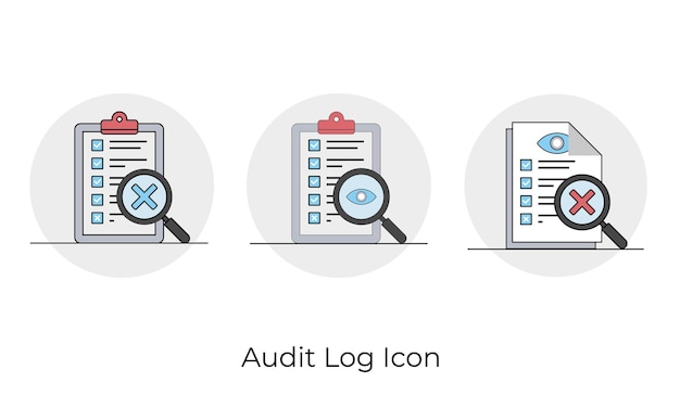 Audit Log Icon Set Showing Report Verification Error and Review Process in Flat Line Style
