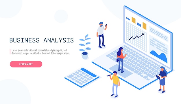 Auditoría, concepto de análisis empresarial con personajes. Concepto de oportunidades. Documentación gráfica y de auditoría, análisis económico de presupuesto financiero. Ilustración vectorial isométrica.