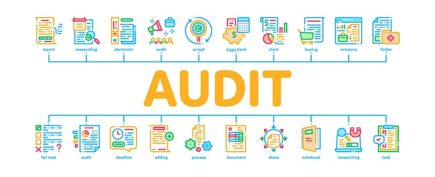 Auditoría Finanzas Informe Mínimo Infografía Web Banner Vector. Investigación de la auditoría financiera y la documentación de la empresa, cálculo de la ilustración en color de crédito y débito
