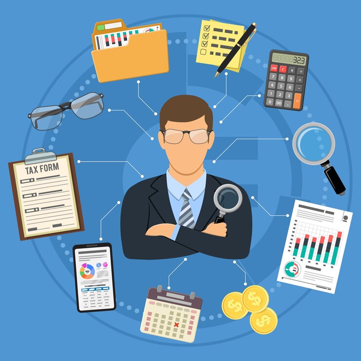 Vector auditoría, impuestos, concepto contable. el auditor sostiene una lupa en la mano y verifica el informe financiero con gráficos, calculadora y teléfono inteligente. iconos de estilo plano. ilustración de vector aislado