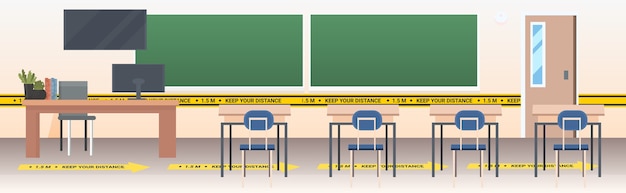 Vector aula escolar con carteles de distanciamiento social pegatinas amarillas coronavirus medidas de protección epidémica