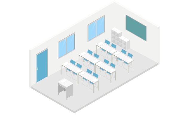 Aula con escritorio de profesor y silla de pipa isométrica