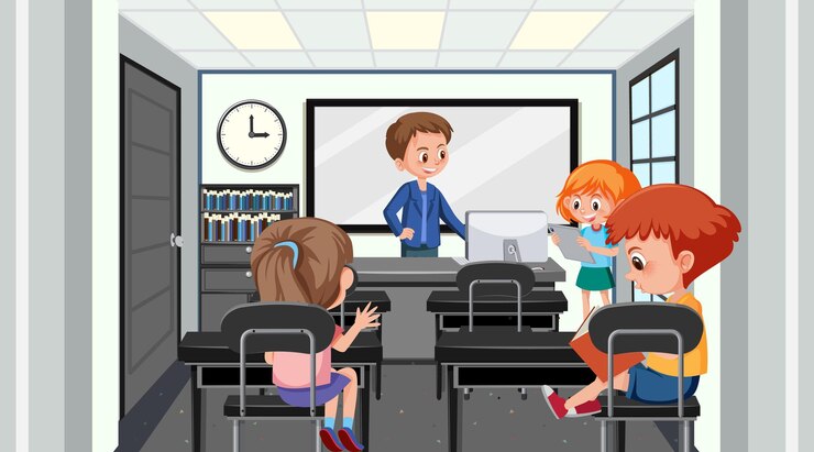 Vector aula de la escuela con niños estudiantes