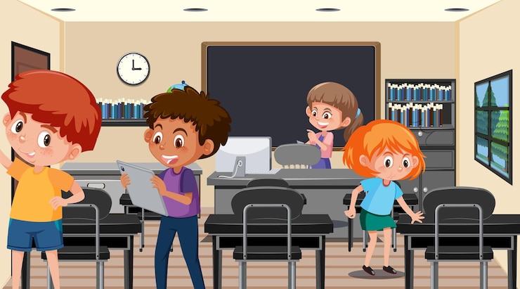 Vector aula de la escuela con niños estudiantes