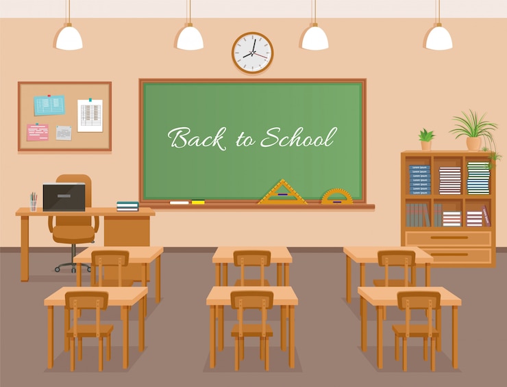 Vector aula de la escuela con pizarra, pupitres y lugar de trabajo del maestro. diseño de interiores de sala de clase escolar