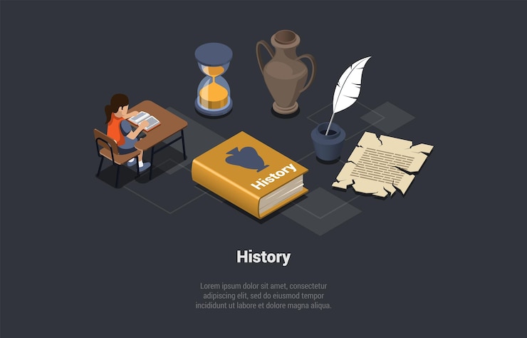 Vector aula de historia con niña estudiante símbolos antiguos pedazo de pergamino libro de historia personaje femenino información de lectura sobre artículos antiguos y exhibición de museo isométrica 3d vector ilustración