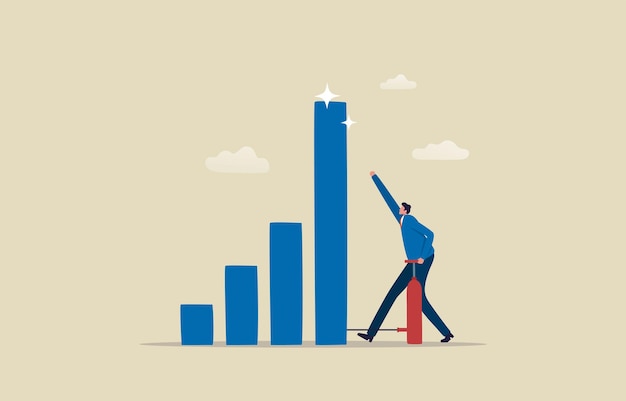 Aumentar el crecimiento del negocio Crecimiento o progreso para lograr el objetivo y el objetivo Gráfico de barras inflado de empresario con ilustración de bomba de neumáticos