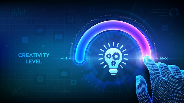 Aumento de la creatividad Wireframe mano está tirando hasta la posición máxima del círculo barra de progreso con el icono de creatividad innovadora y solución idea e imaginación modo creativo vector