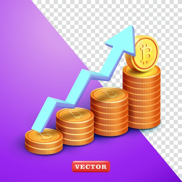 El aumento de la criptomoneda apilado de monedas elementos 3d vector una flecha hacia arriba adecuado para altas ganancias
