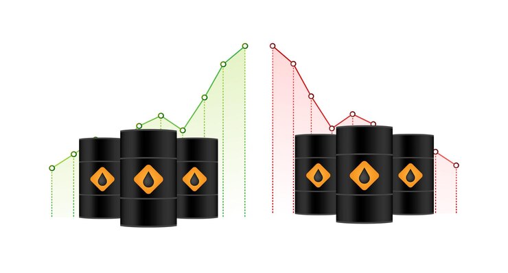Vector aumento y disminución del precio de los precios del mercado del petróleo barriles de petróleo inflación mundial ilustración de stock vectorial