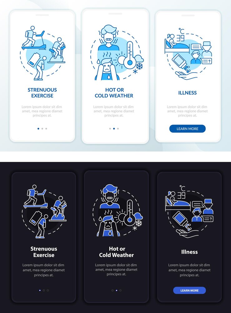 Vector aumento de la ingesta de líquidos en la pantalla de la página de la aplicación móvil de incorporación clara y oscura. tutorial de instrucciones gráficas de 3 pasos con conceptos. ui, ux, plantilla de vector gui con ilustraciones lineales en modo día y noche