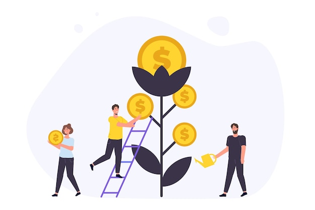 Aumento de ingresos, árbol del dinero, concepto de alto presupuesto con feliz empresario. Beneficio de la inversión.