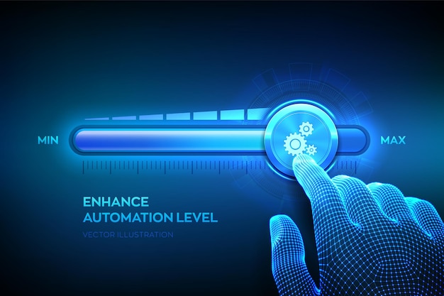 Aumento del nivel de automatización. Concepto de tecnología de innovación de automatización de procesos robóticos RPA. La mano de estructura metálica está subiendo hasta la barra de progreso de posición máxima con el icono de engranajes.