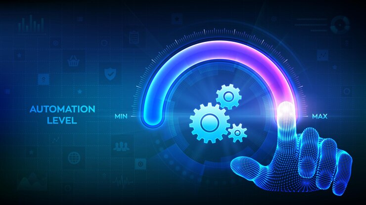 Vector aumento del nivel de automatización rpa concepto de tecnología de innovación de automatización de procesos robóticos la mano de estructura metálica está tirando hacia la barra de progreso del círculo de posición máxima con el icono de engranajes vector