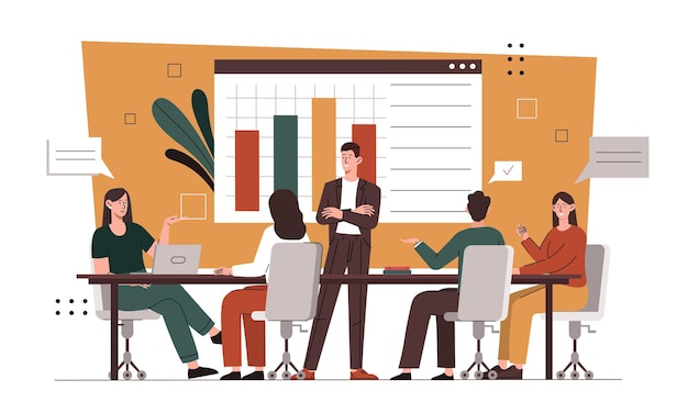Aumento del personal de oficina concepto equipo de hombres y mujeres en el lugar de trabajo mirar gráficos y diagramas