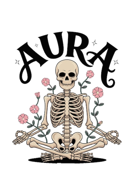 Aura of Peace Skeleton Meditating with Floral Adornments Tshirt Design Vector
