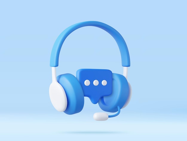 Auriculares 3D con micrófono y burbuja de habla Servicio de soporte de línea directa con auriculares Concepto de centro de llamadas Consulta de usuarios en línea Renderización 3D Ilustración vectorial