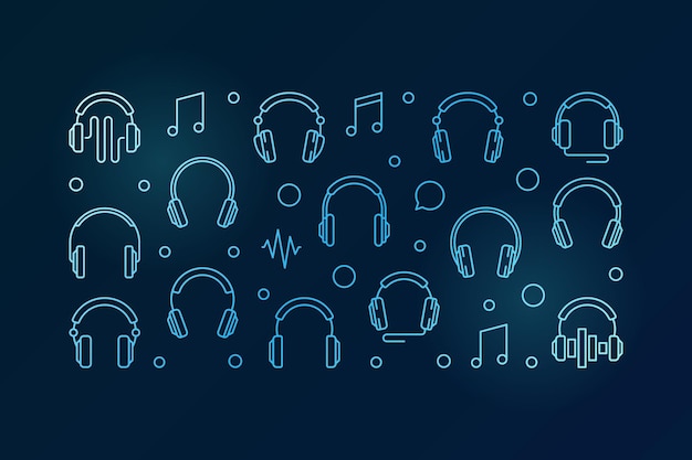 Auriculares azul banner horizontal ilustración vectorial